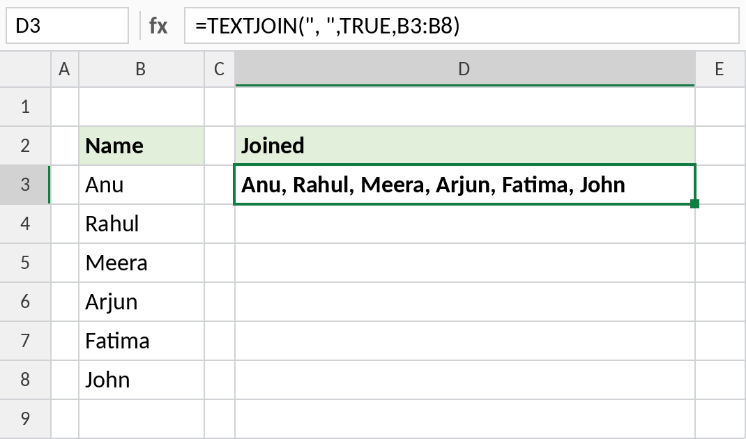 Excel TEXTJOIN joining six names with commas