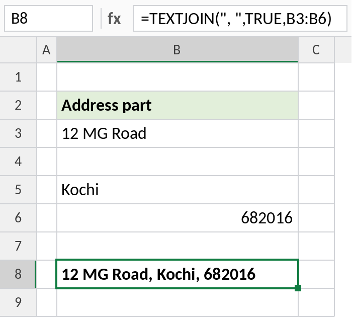 Excel TEXTJOIN joining address parts and skipping an empty cell