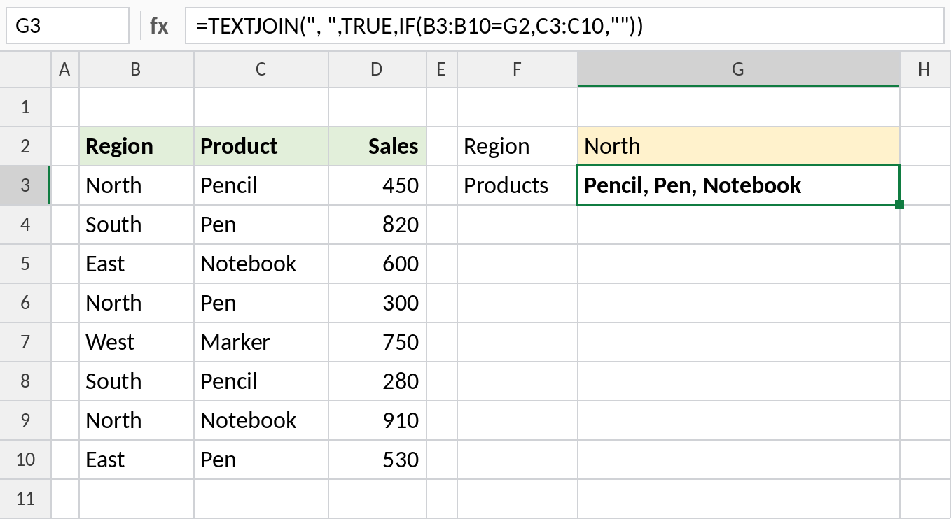 Excel TEXTJOIN with IF listing all products for the North region