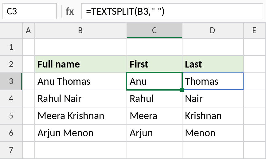 Excel TEXTSPLIT splitting full names into first and last name columns