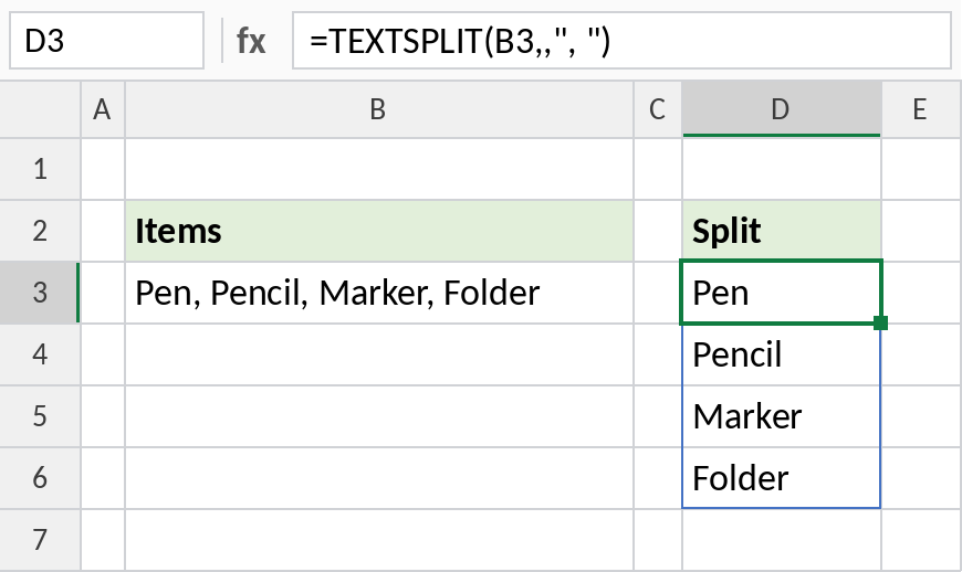 Excel TEXTSPLIT splitting a comma-separated list into rows