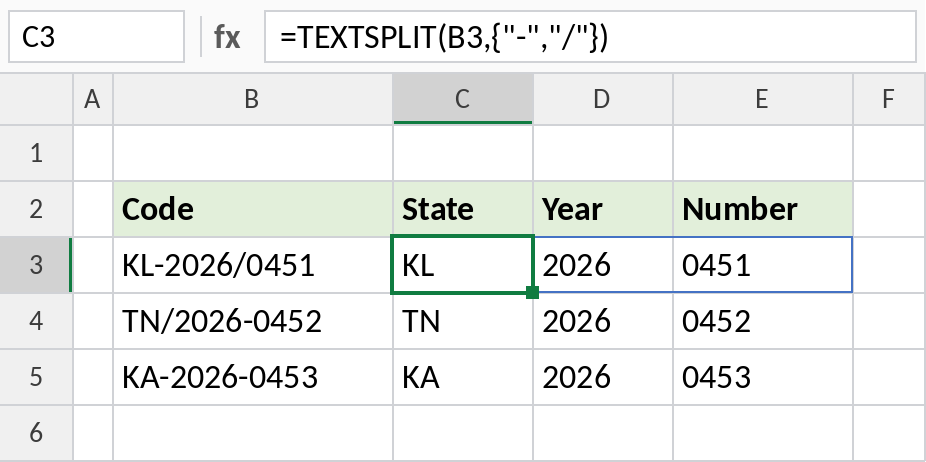 Excel TEXTSPLIT splitting codes at dashes and slashes