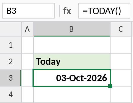 Excel TODAY function showing the current date