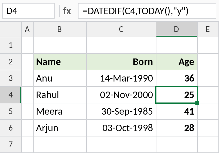 Excel DATEDIF and TODAY calculating age in years