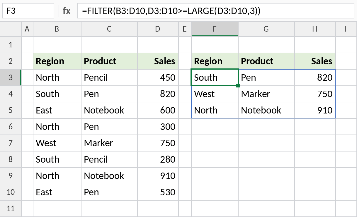 Excel FILTER and LARGE listing the top three records in their original order