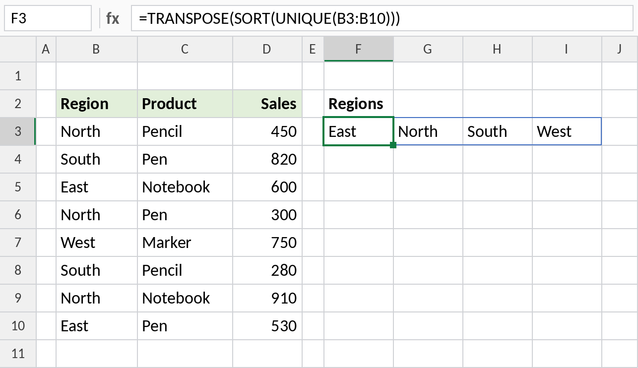 Excel TRANSPOSE turning a unique sorted list into a row of headers