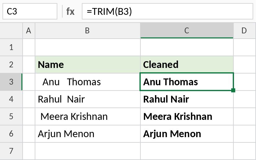 Excel TRIM removing extra spaces from names