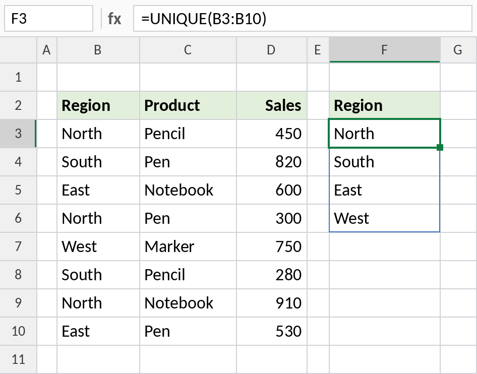 Excel UNIQUE returning the four distinct regions