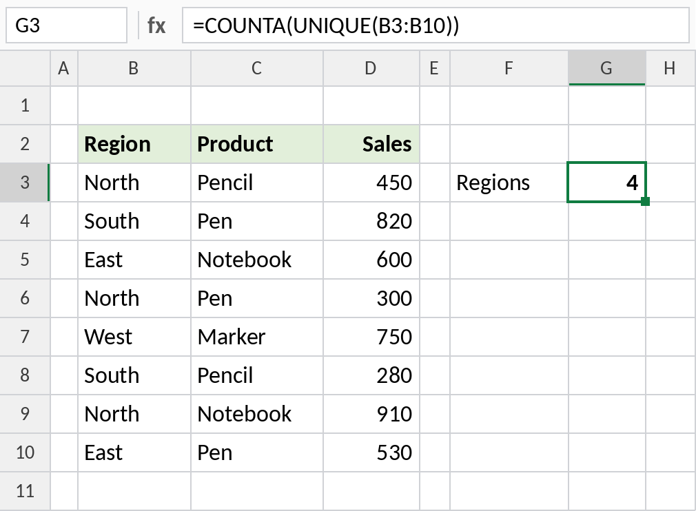 Excel COUNTA and UNIQUE counting 4 distinct regions