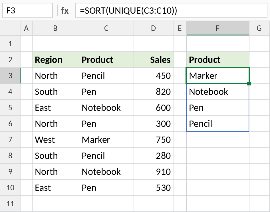 Excel SORT and UNIQUE returning the products A to Z