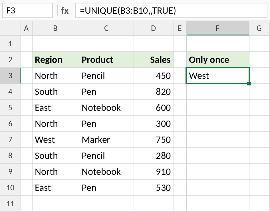 Excel UNIQUE with exactly_once TRUE returning West