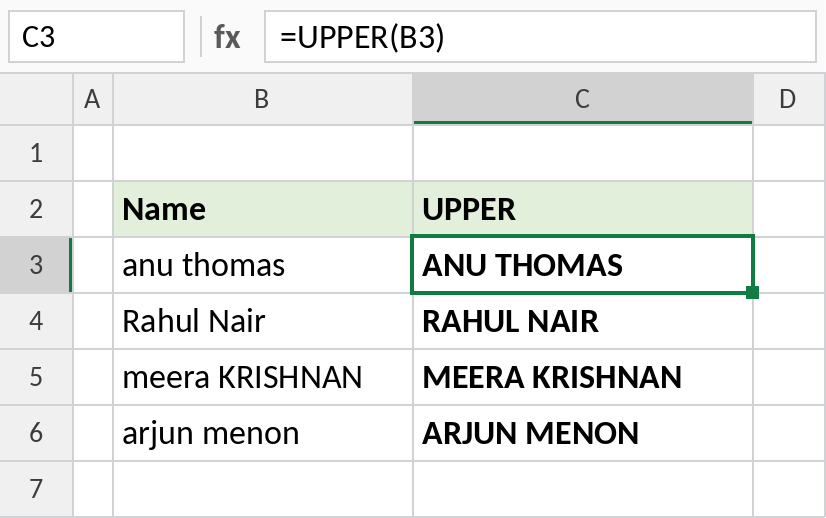 Excel UPPER converting names to capital letters