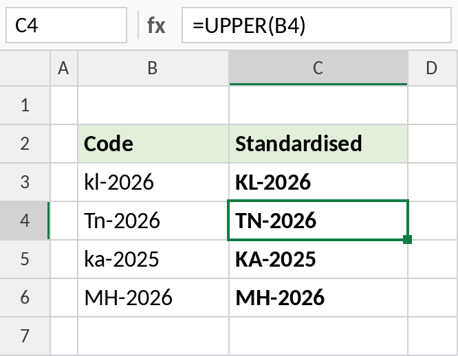 Excel UPPER standardising state codes