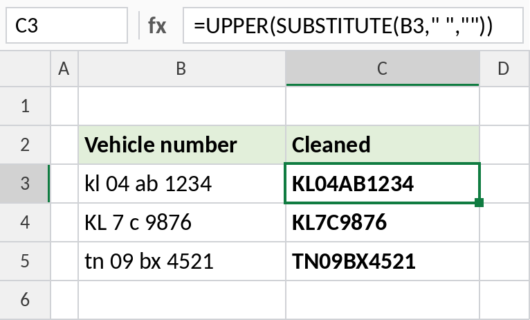 Excel UPPER and SUBSTITUTE formatting vehicle registration numbers