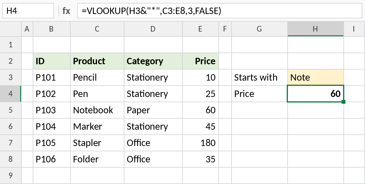 Excel VLOOKUP with a wildcard matching Note* to Notebook, result 60