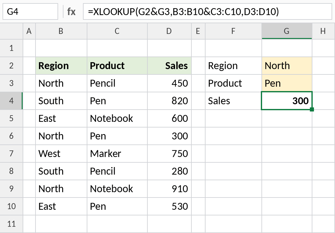 Excel XLOOKUP with multiple criteria finding sales for North and Pen