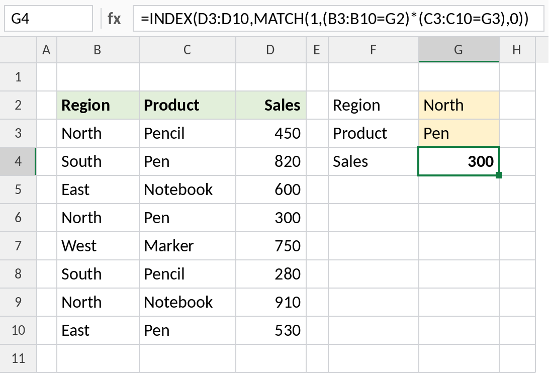 Excel INDEX and MATCH with two criteria returning 300
