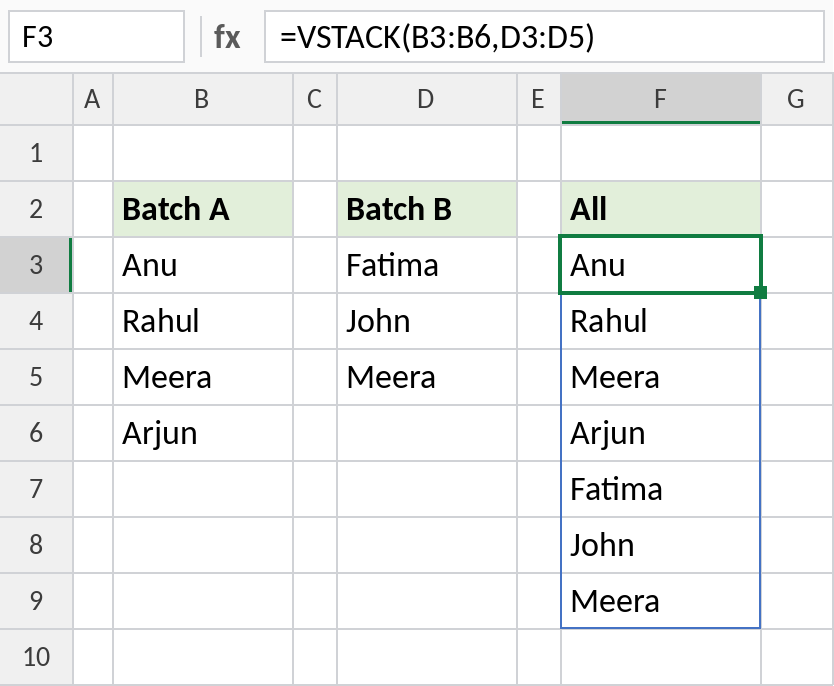 Excel VSTACK combining two lists of names into one column
