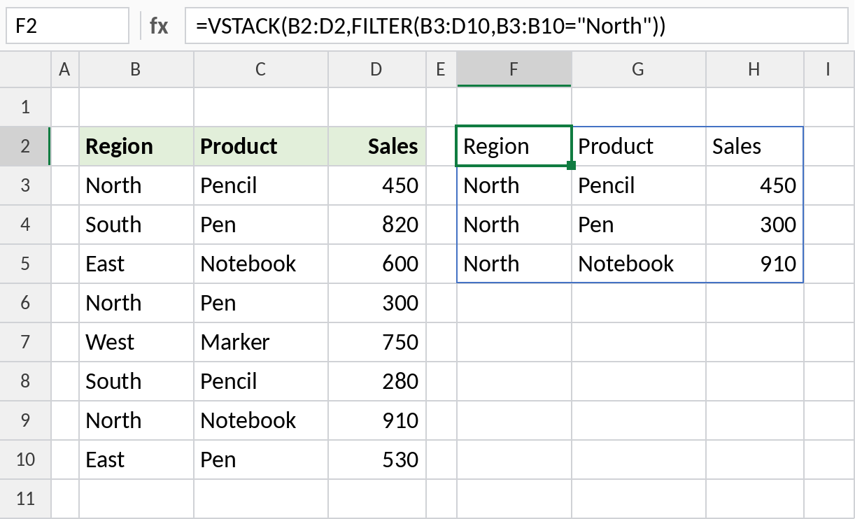 Excel VSTACK placing a header row above FILTER results