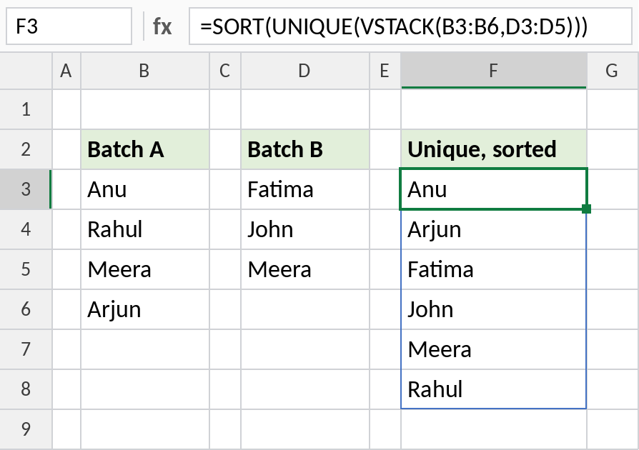 Excel SORT UNIQUE VSTACK combining two lists into one sorted list without duplicates