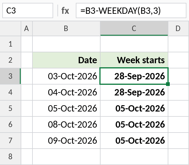 Excel WEEKDAY finding the Monday that starts each week