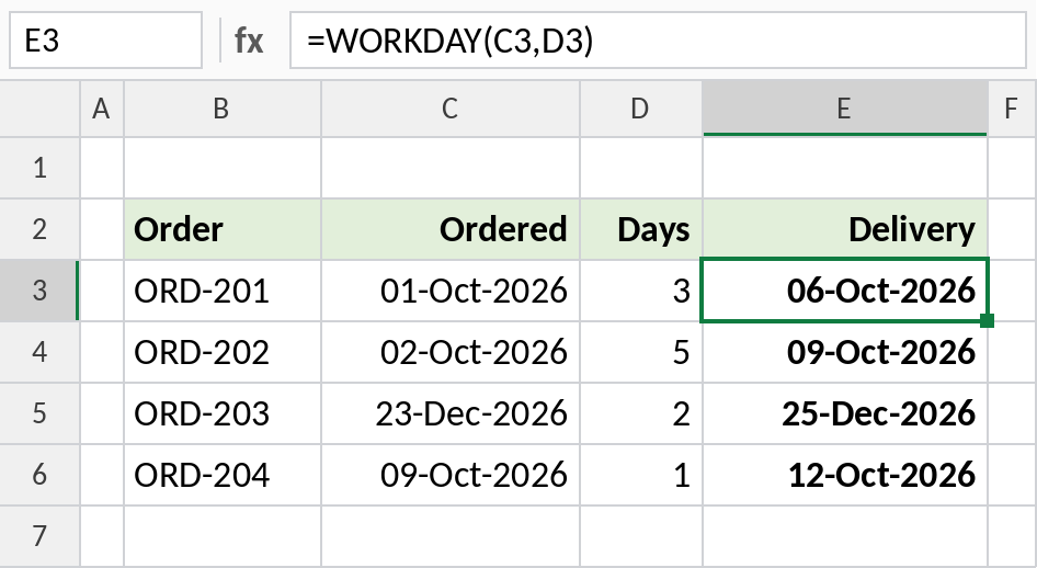 Excel WORKDAY calculating delivery dates after working days