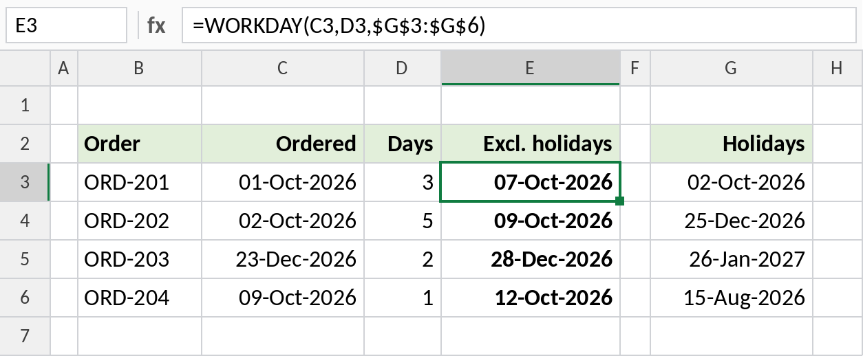 Excel WORKDAY skipping a list of holidays