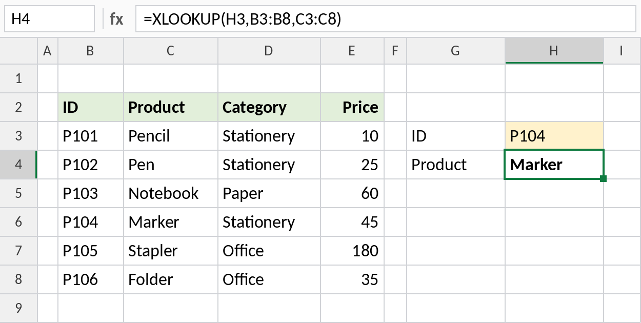 Excel XLOOKUP returning the product name for ID P104, Marker