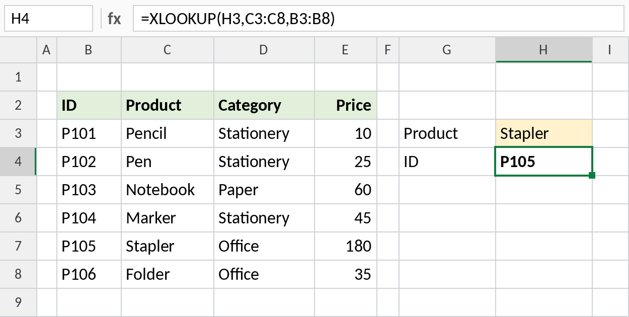 Excel XLOOKUP looking up to the left, returning ID P105 for Stapler
