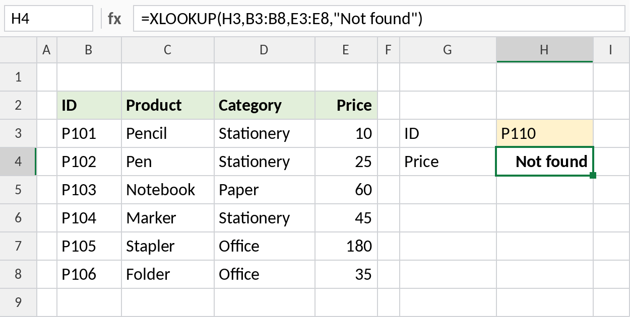 Excel XLOOKUP returning Not found for a missing ID