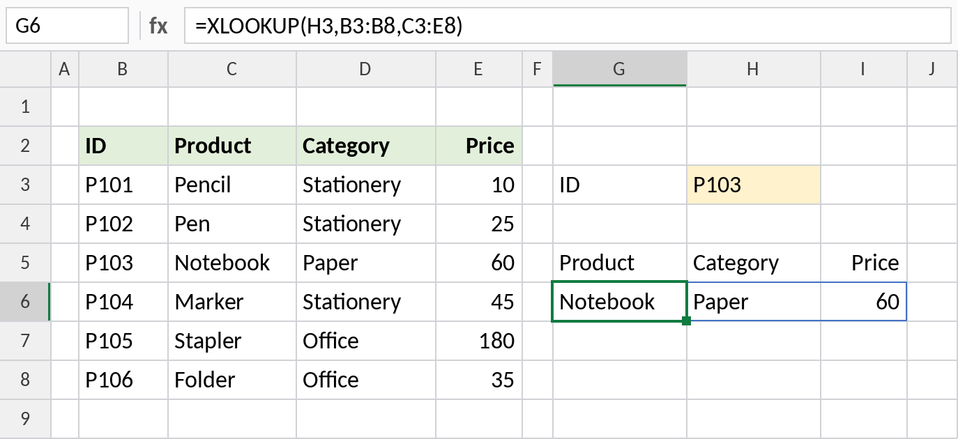 Excel XLOOKUP returning product, category and price for one ID, spilling across three cells