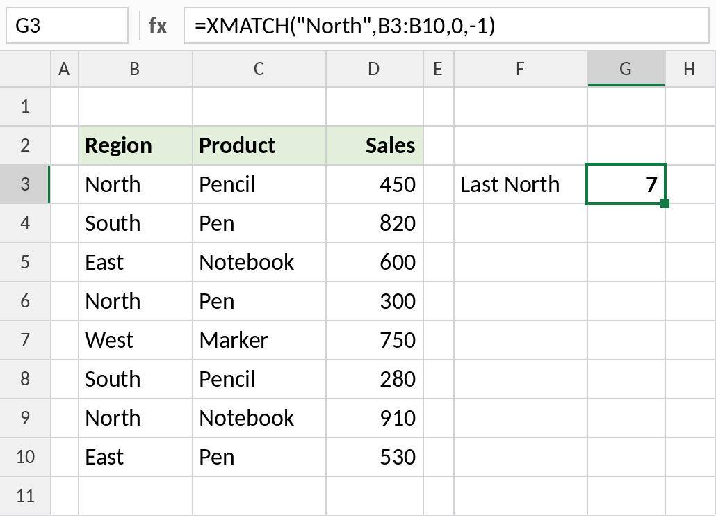 Excel XMATCH with search_mode -1 returning the position of the last North row, 7