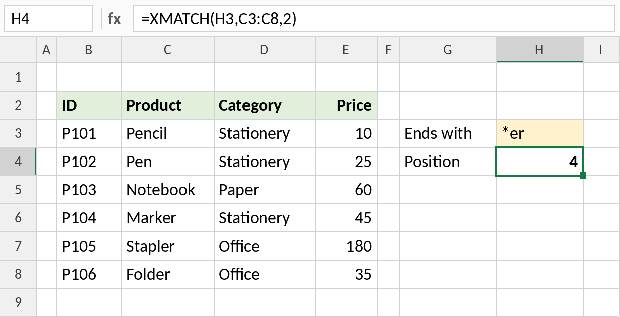 Excel XMATCH with wildcards finding the first product ending in er, position 4