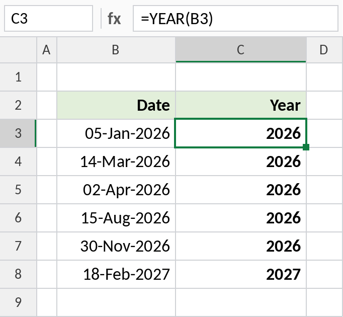 Excel YEAR function returning the year from dates