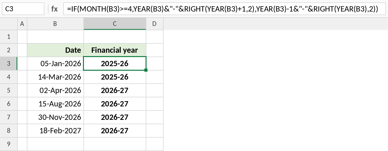 Excel YEAR and MONTH calculating the April to March financial year