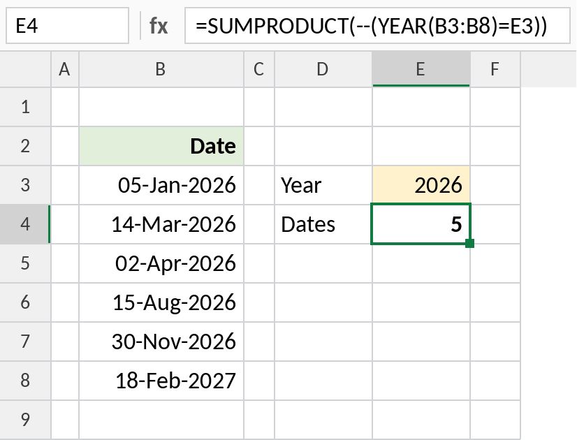 Excel SUMPRODUCT and YEAR counting dates in 2026, result 5