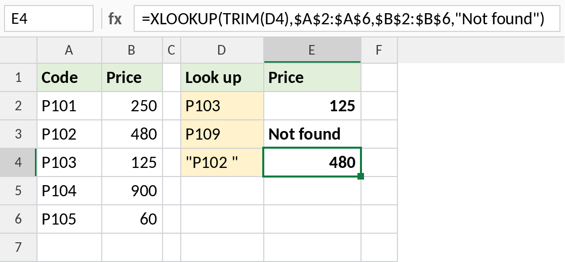 XLOOKUP with TRIM finding P102 and showing Not found for P109