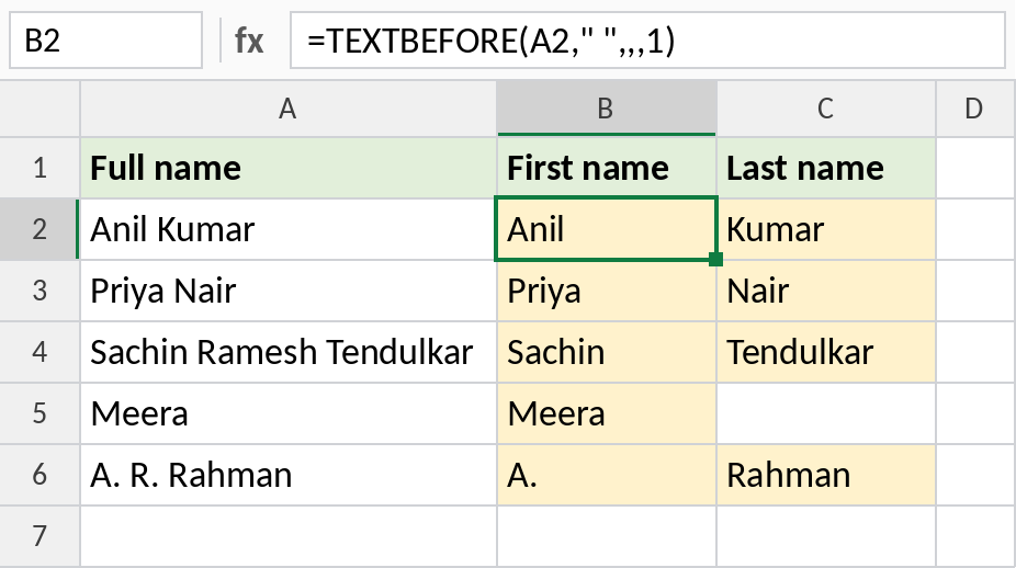 TEXTBEFORE returning first names and TEXTAFTER returning last names