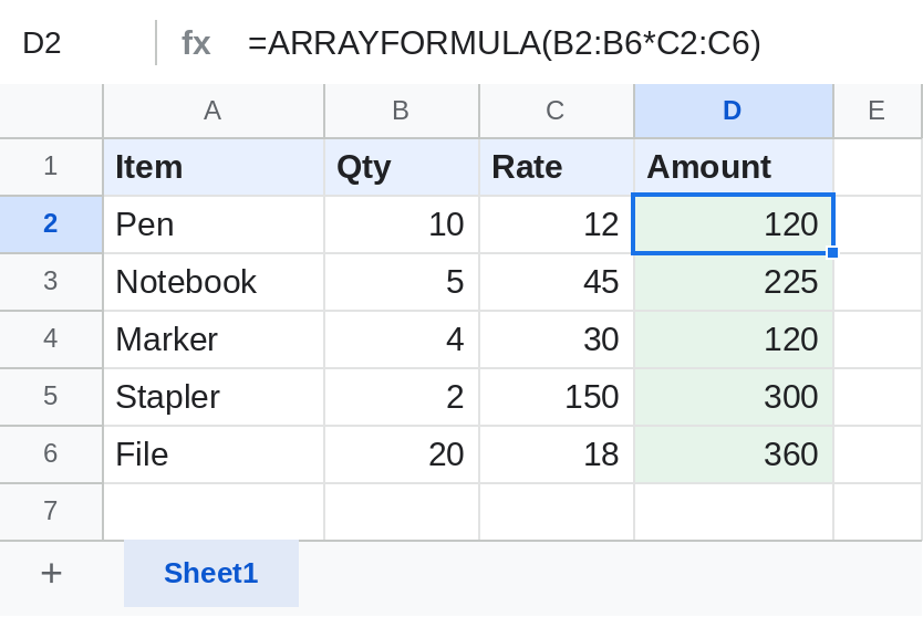 Google Sheets ARRAYFORMULA multiplying Qty by Rate for every row