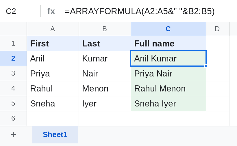 Google Sheets ARRAYFORMULA joining first and last names