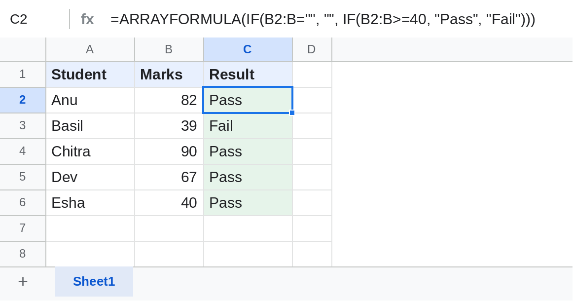 Google Sheets ARRAYFORMULA with IF returning Pass or Fail for each student