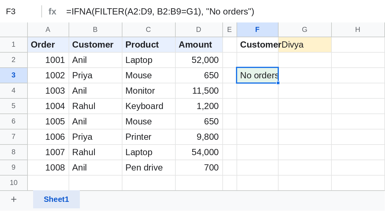 Google Sheets FILTER with IFNA showing No orders