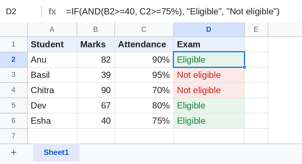 Google Sheets IF with AND checking marks and attendance