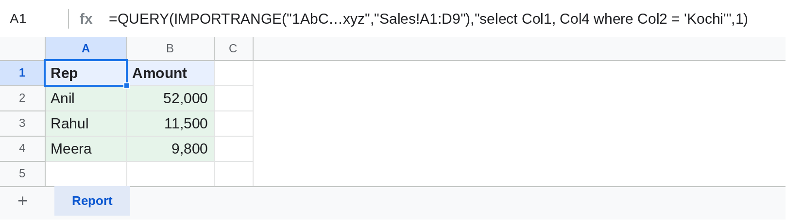 Google Sheets QUERY with IMPORTRANGE returning only Kochi rows