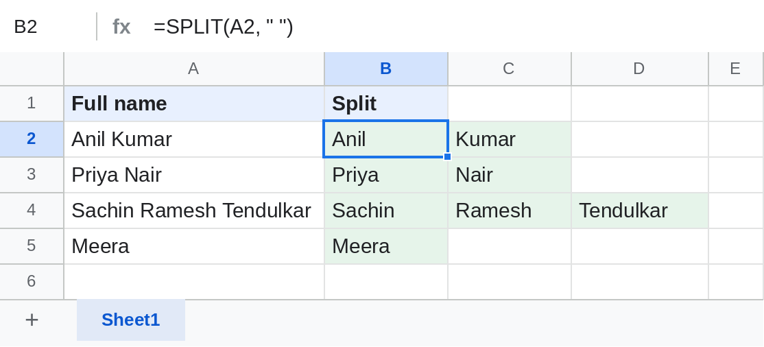 Google Sheets SPLIT separating full names