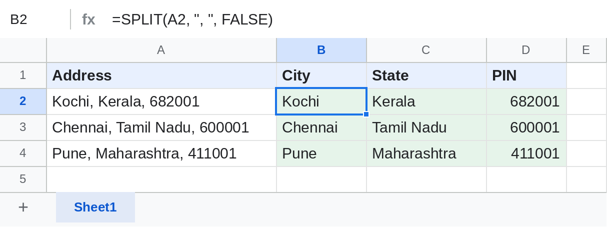 Google Sheets SPLIT separating city, state and PIN code