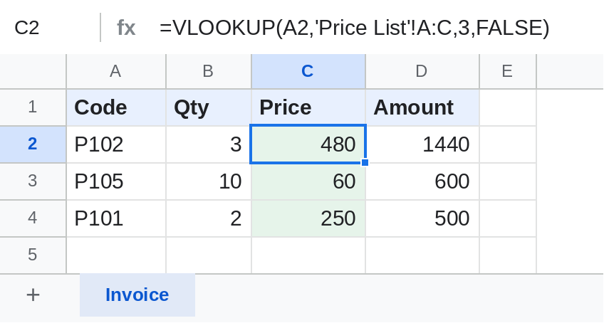 Google Sheets VLOOKUP fetching prices from the Price List sheet into an invoice