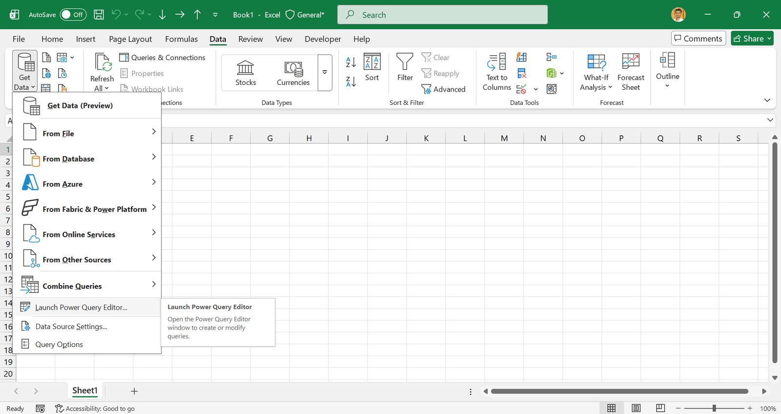 Excel Data tab with the Get Data menu and Launch Power Query Editor