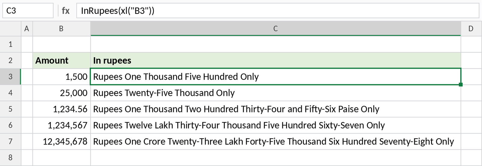 Amounts in column A written out in rupees with the InRupees Python code